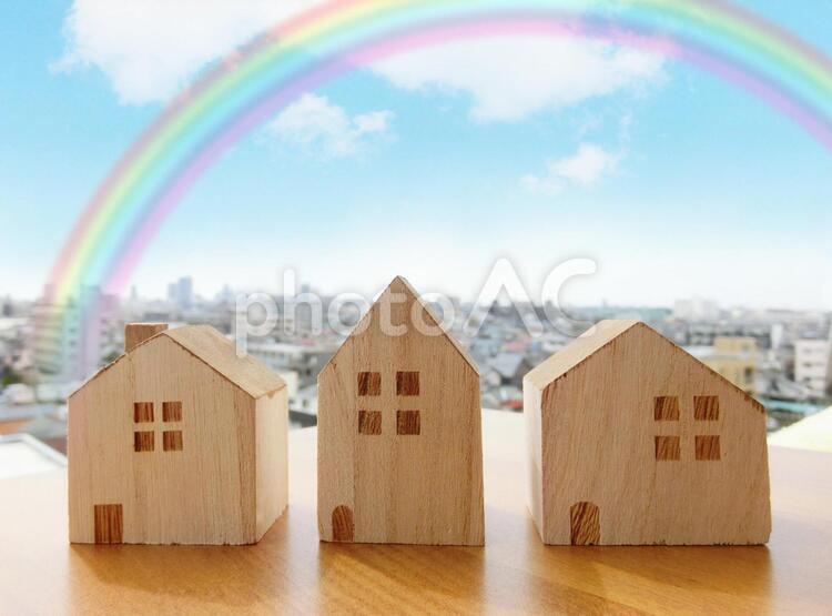 堆積的房子，城市景觀和彩虹, 家, 天空, 彩虹, JPG